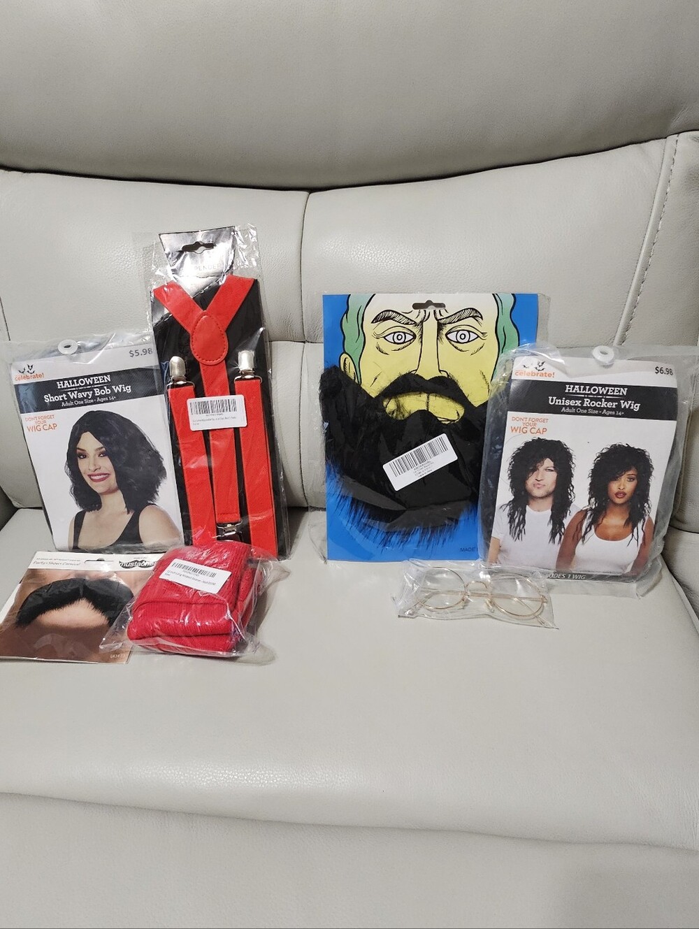 Cheech and Chong Accessories— Black & Red Wig, Beard, Suspenders, Glasses